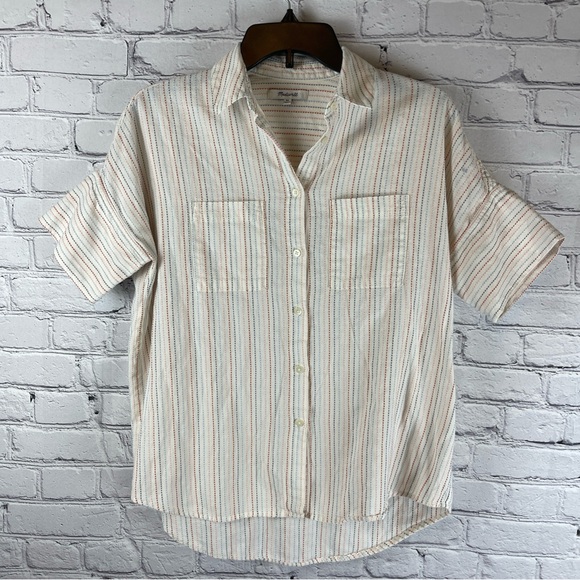 Madewell Courier Shirt Top Women XS Flecked Rainbow Striped Short Sleeve Button - Picture 1 of 7